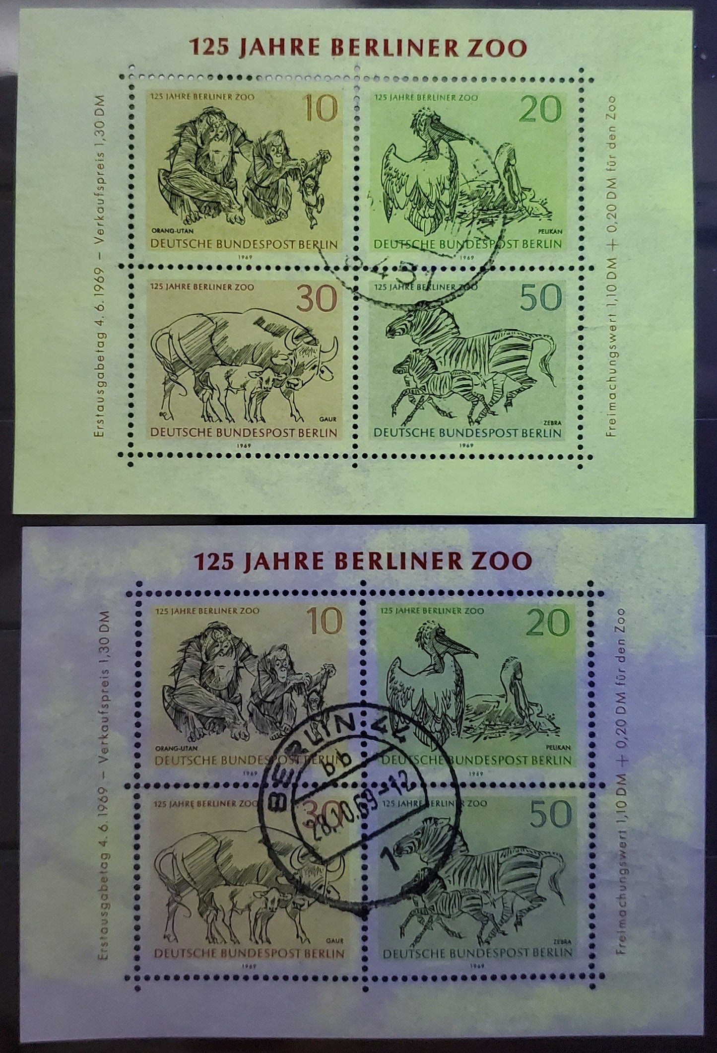 Germany - Berlin Mi#Block 2 (SC# 9N275) 10pf Yellow - 50pf Blue 1969 Berlin Zoo Issue, Full Tagged Sheet & One With Tagging Almost Completely Missing, 2 Very Fine Used Souvenir Sheets, Estimated Value $12