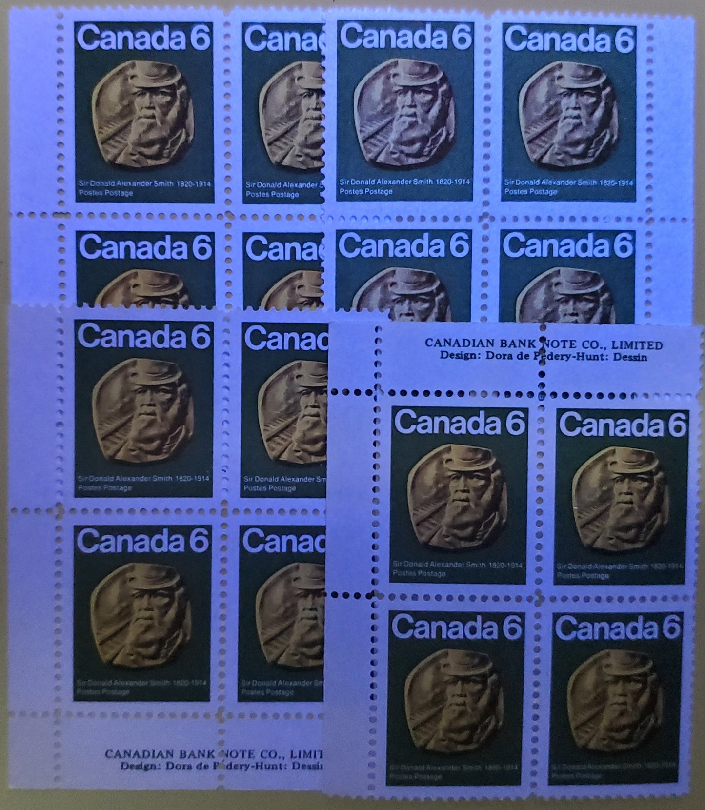 Canada #531 6c Dark Green, Yellow & Black Donald Alexander King, 1970 Sir Donald Alexander Smith Issue, 8 VFNH Singles With Various HF & HB Horizontal Ribbed Papers With Smooth & Streaky Gums