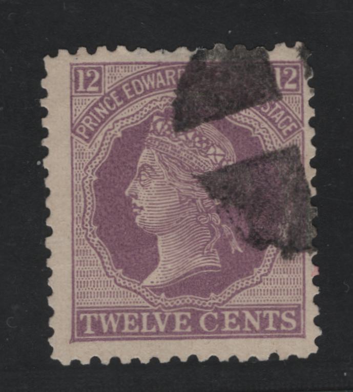 Lot 19 Prince Edward Island #16 12c Violet Queen Victoria, 1872-1873 Cents Issue, A VG Used Single Scarce Used, Segmented Cork Cancel, Light Diagonal Crease