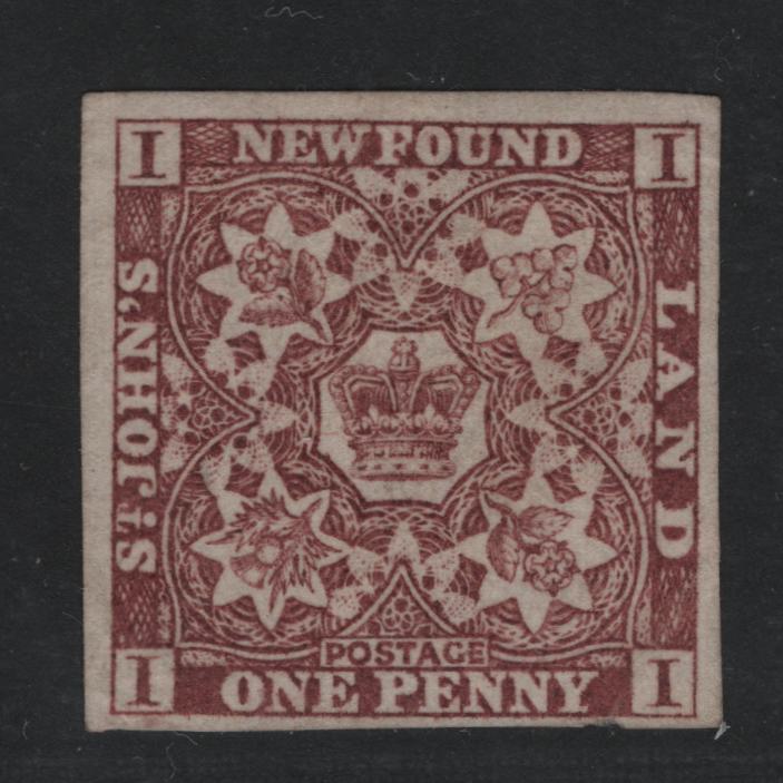 Lot 20 Newfoundland #1 1d Brown Violet Crown & Heraldic Flowers, 1857-1860 First Pence Issue, A Fine Unused Single With Clear Vertical Mesh, Dry Printing, 22 x 22.5 mm