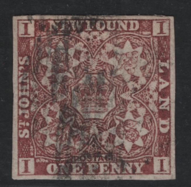 Lot 21 Newfoundland #1 1d Brown Violet Crown & Heraldic Flowers, 1857-1860 First Pence Issue, A Fine Used Single With Clear Vertical Mesh, Dry Printing, 22 x 22.5 mm