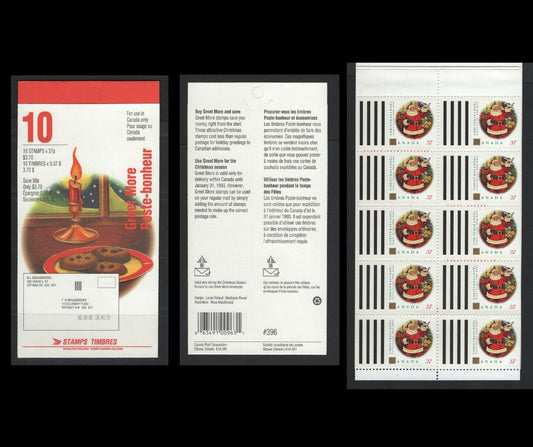 Canada #BK152a 37c Multicoloured Santa Claus, 1992 Christmas issue, A VFNH Complete Booklet HB Sealed Cover (Field Stock), Pane On NF/DF1 Coated Papers Paper