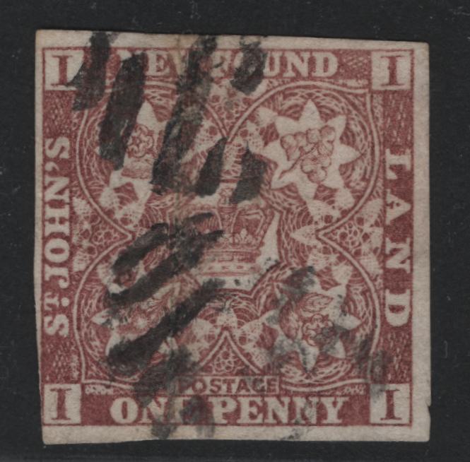 Lot 22 Newfoundland #1 1d Brown Violet Crown & Heraldic Flowers, 1857-1860 First Pence Issue, A Good Used Single With Clear Vertical Mesh, Dry Printing, 22 x 22.5 mm, Expertly Repaired