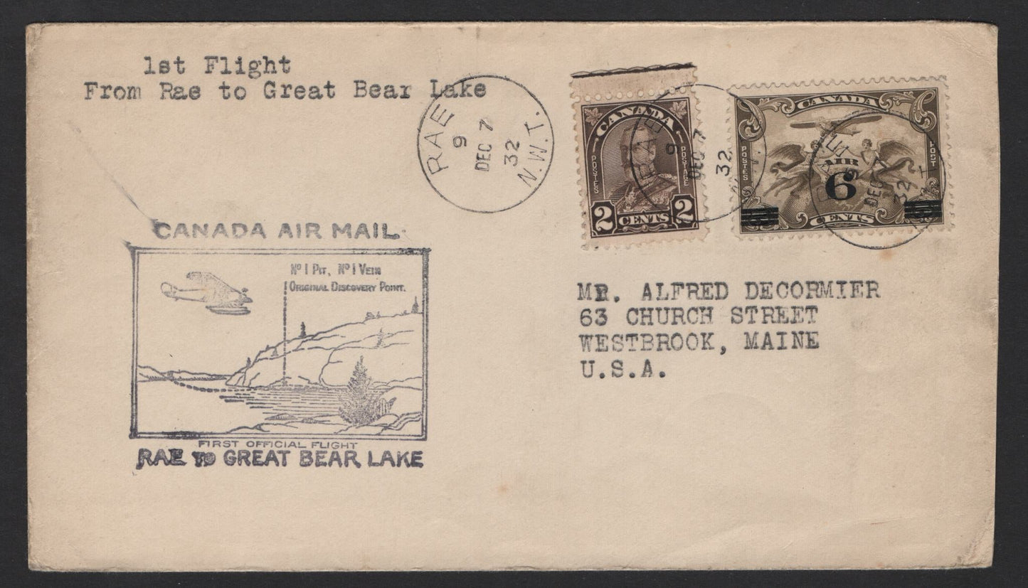Lot 227 Canada (C) #AAMC#3247b 6c on 5c - 2c Brown King George V - Winged Figures & Globe, 1930-1931 Arch/Leaf & Airmail Issues, A Very Fine Used Cover, Franked With #166 & #C3, RAE To Great Bear Lake Flight Dec. 7 1932