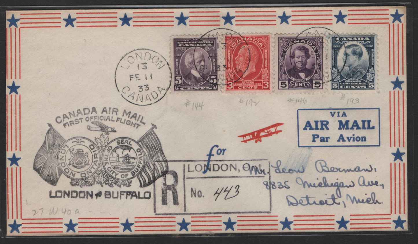 Lot 229 Canada (C) #AAMC#3307, A Very Fine Used Cover, Franked With F/VF #144, #146, #192 & #193, London -Buffalo Flight, Feb 11 1933