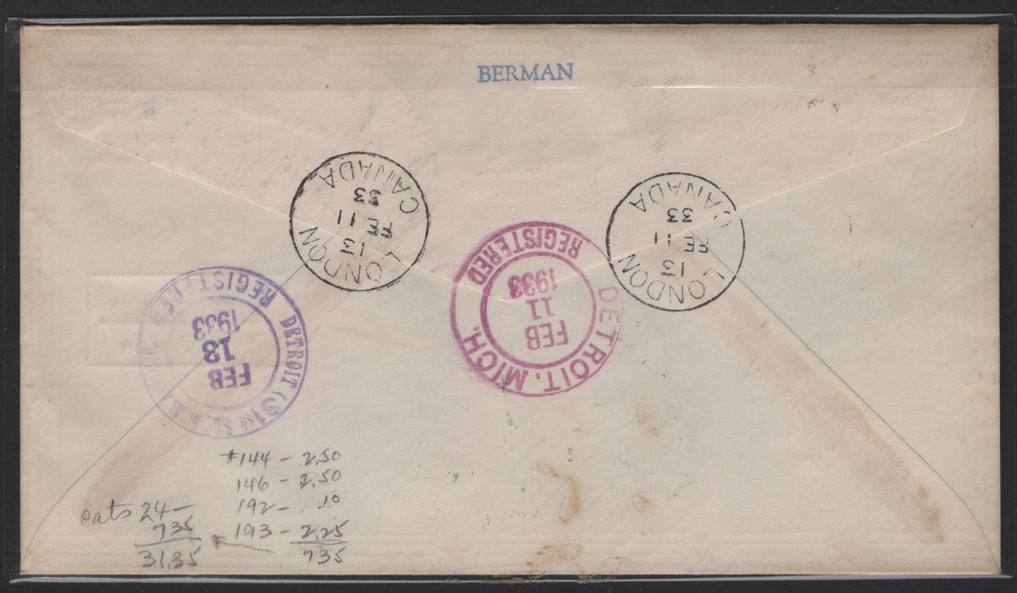 Lot 229 Canada (C) #AAMC#3307, A Very Fine Used Cover, Franked With F/VF #144, #146, #192 & #193, London -Buffalo Flight, Feb 11 1933
