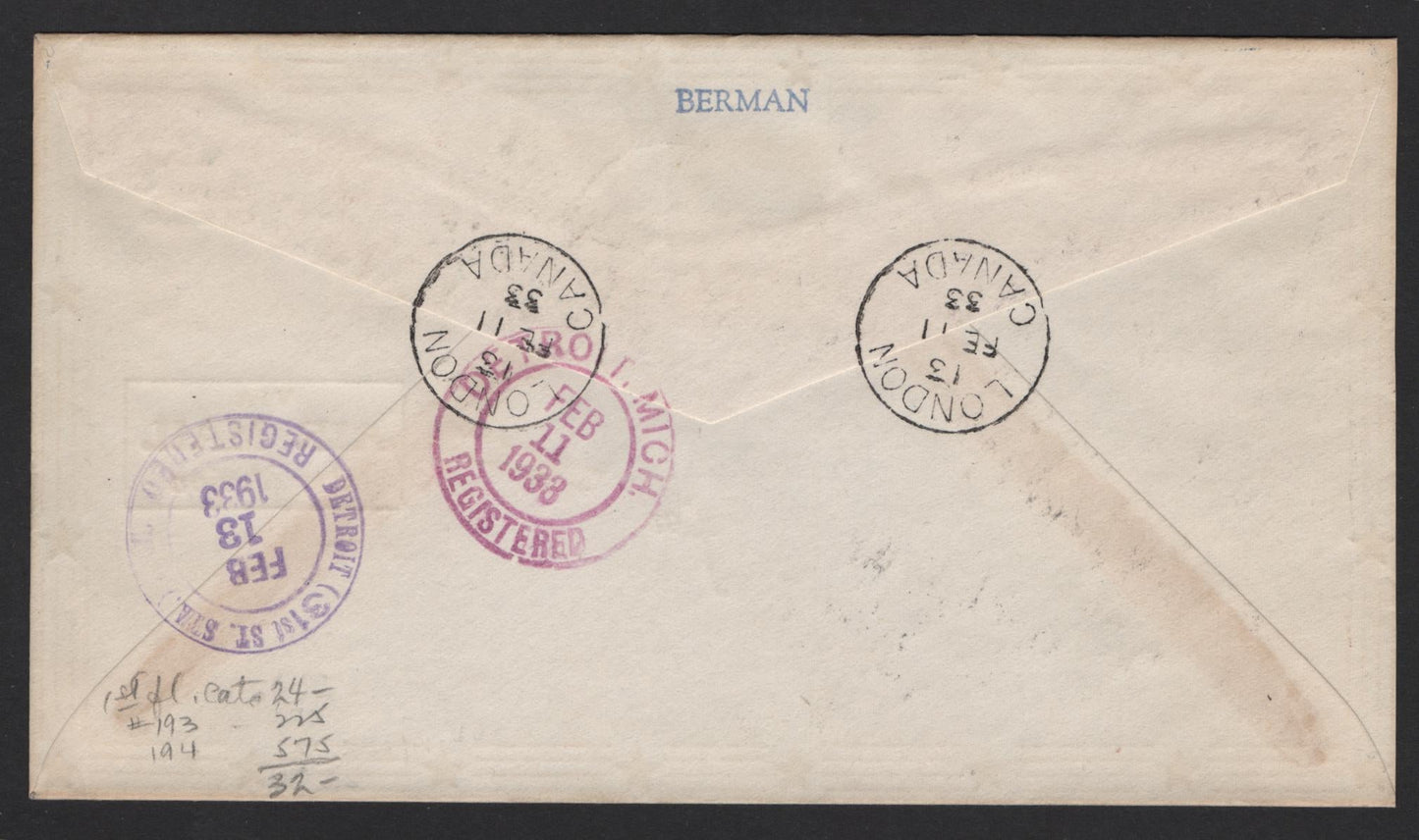 Lot 230 Canada (C) #AAMC#3307, A Very Fine Used Cover, Franked With Fine Centered #193 & #194, London -Buffalo Flight, Feb 11 1933