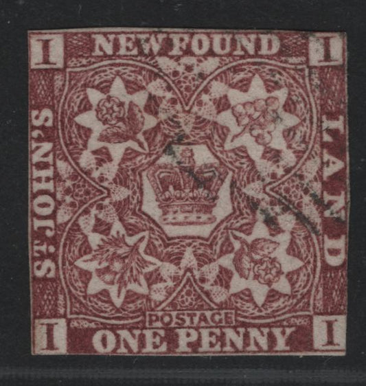 Lot 23 Newfoundland #1 1d Brown Violet Crown & Heraldic Flowers, 1857-1860 First Pence Issue, A VG Used Single With Clear Vertical Mesh, Dry Printing, 22 x 22.5 mm