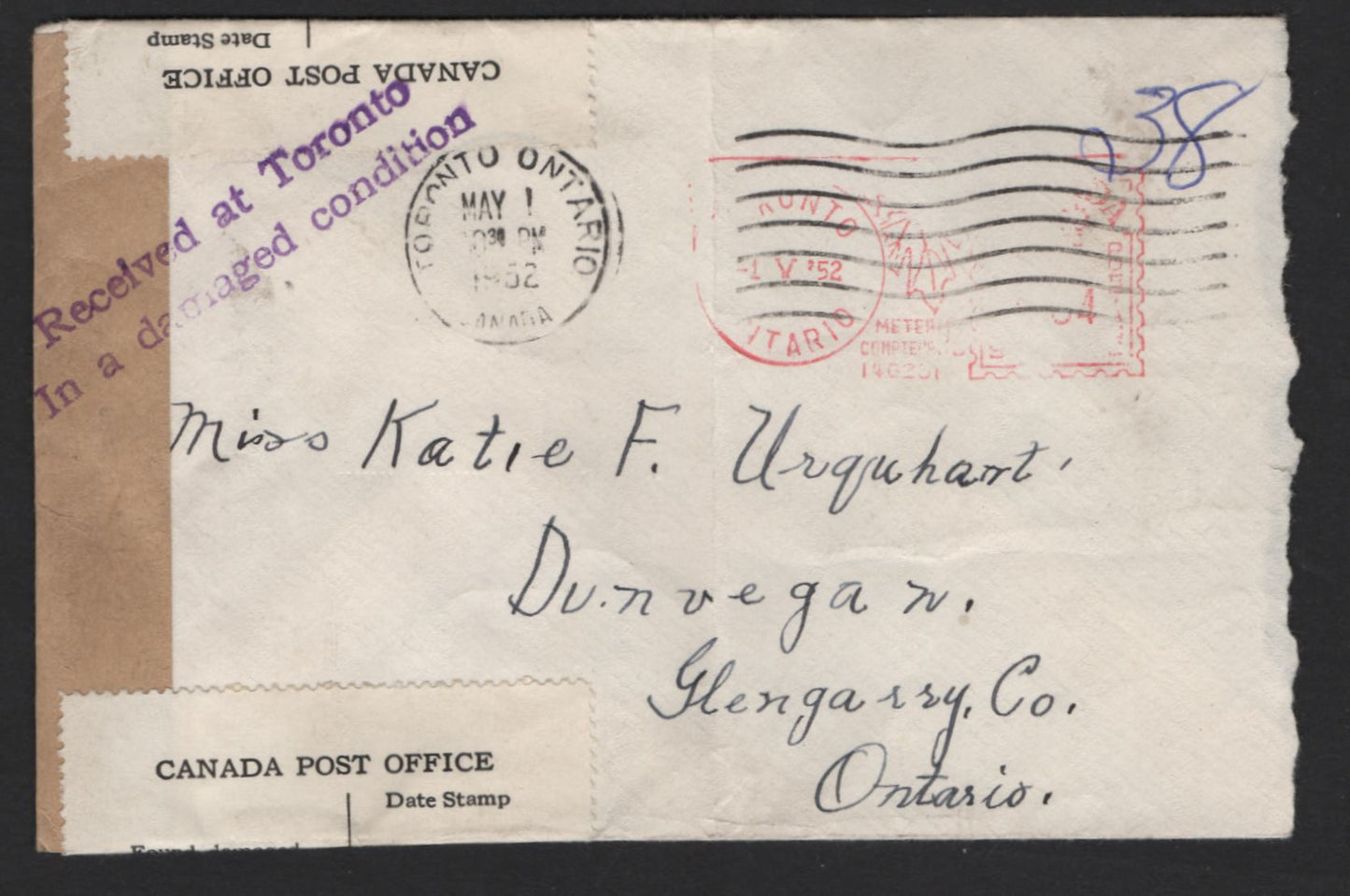 Lot 231 Canada (C) #Unlisted, A Fine Metered Envelope, Sent May 1, Damaged In Transit, Black & White Label Was Applied Across A Tape Seal Which Reads 'Canada Post Office'