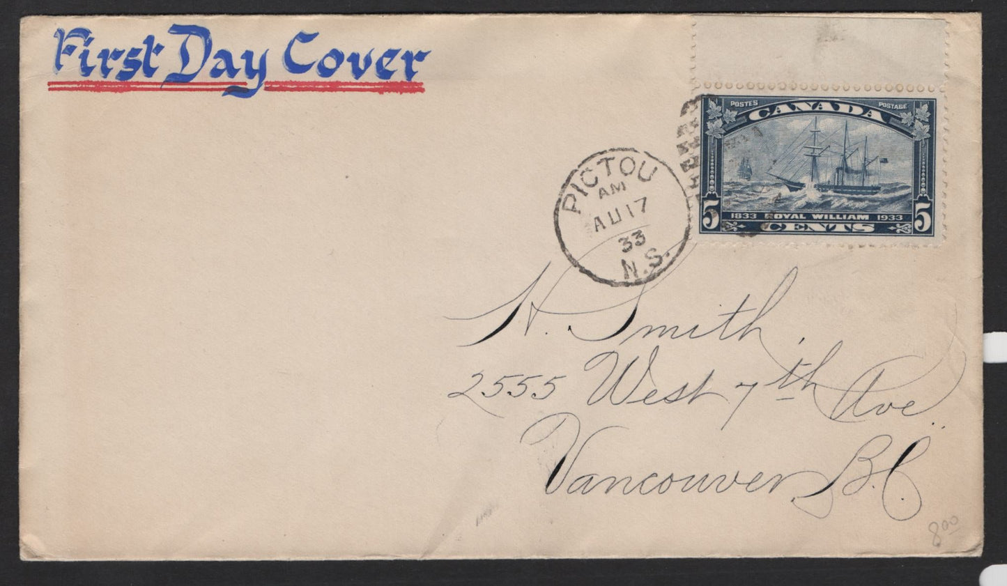 Lot 232 Canada (C) #204 5c Dark Blue Royal William, 1933 Royal William Issue, A Very Fine Used Cover, Exquisitely Addressed In The Most Beautiful Cursive, Hand Painted Blue & Red First Day Cover Cachet