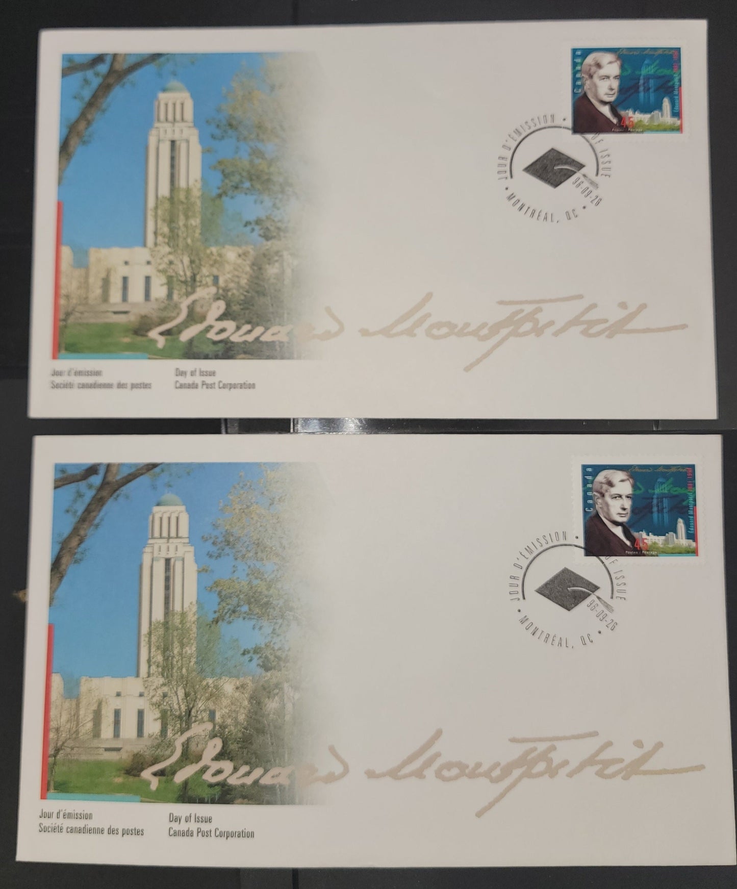 Canada  #1617 45c Multicoloured Edouard Montpetit, 1996 Edouard Montpetit Issue, 2 VF Canada Post FDC's Franked With Singles, LF & MF Envelopes