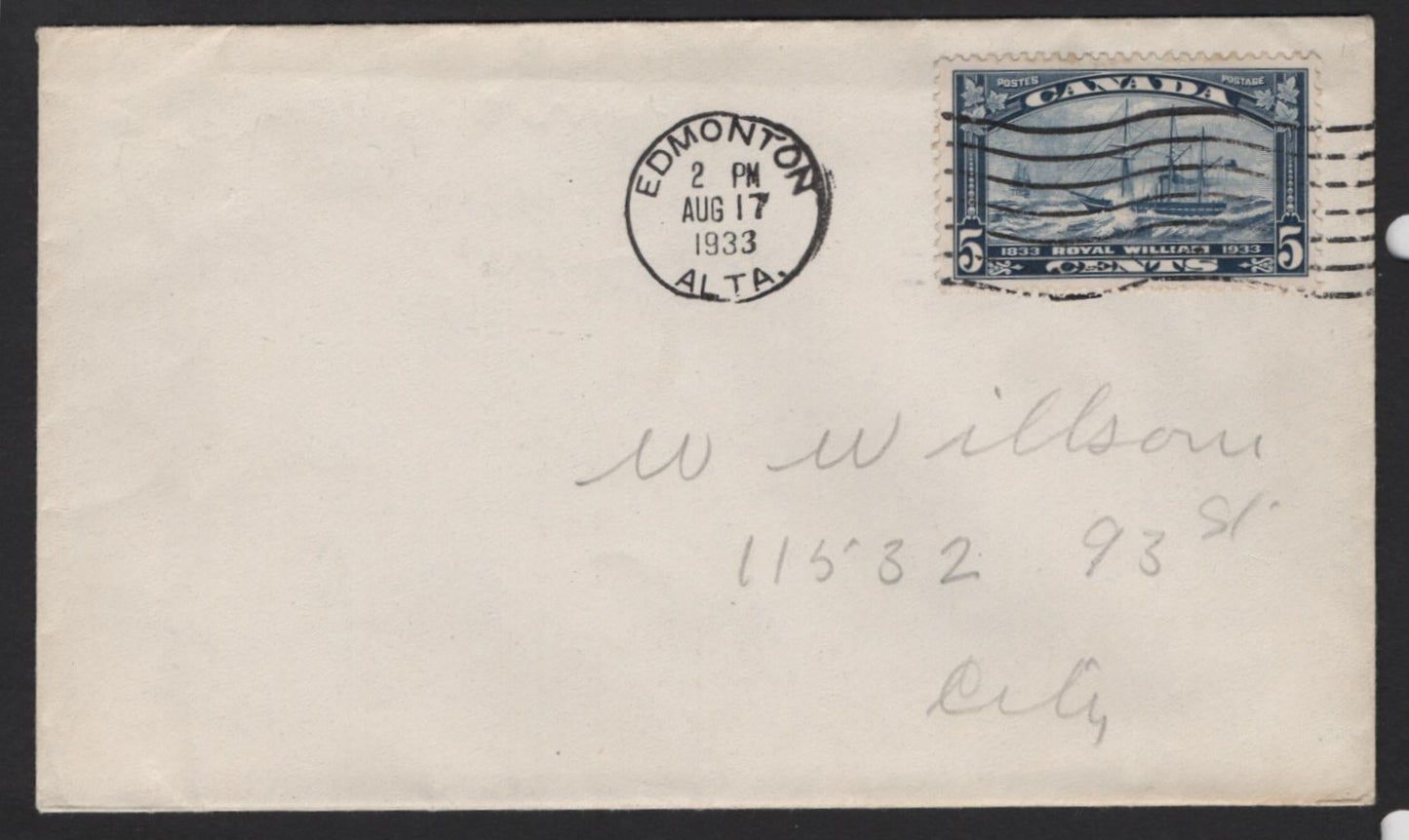 Lot 233 Canada (C) #204 5c Dark Blue Royal William, 1933 Royal William Issue, A Very Fine Used Cover, Sent Locally Within Edmonton, Stamp Is Tied By A Machine Cancel