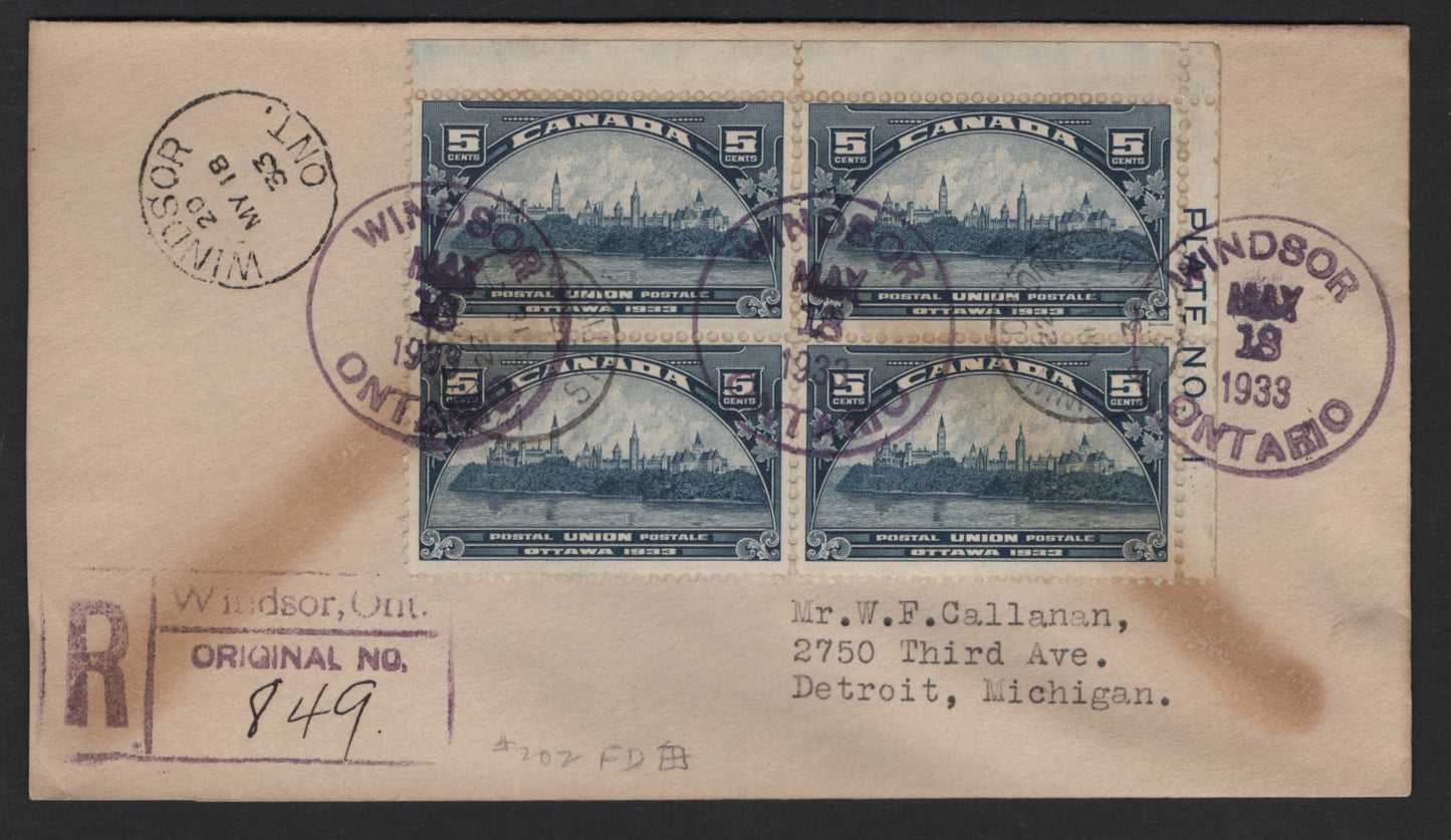 Lot 234 Canada (C) #202-202i 5c Dark Blue parliament Buildings, 1933 UPU Meeting Issue, A Fine Used Cover, Somewhat Aged Toned FDC Franked With An UR Plate 1 Block, Tied By May 18 1933 Windsor Cancels, The LR Stamp Showing A Faint 'Line in 5' Variety.