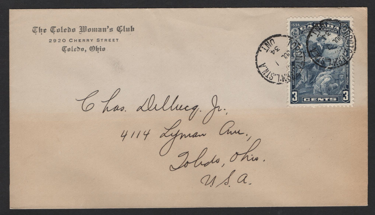 Lot 236 Canada (C) #208 3c Blue Jacques Cartier, 1934 Jacques Cartier Issue, A Fine Used Cover, Slight Edge Toning, Franked With VF Centered 208