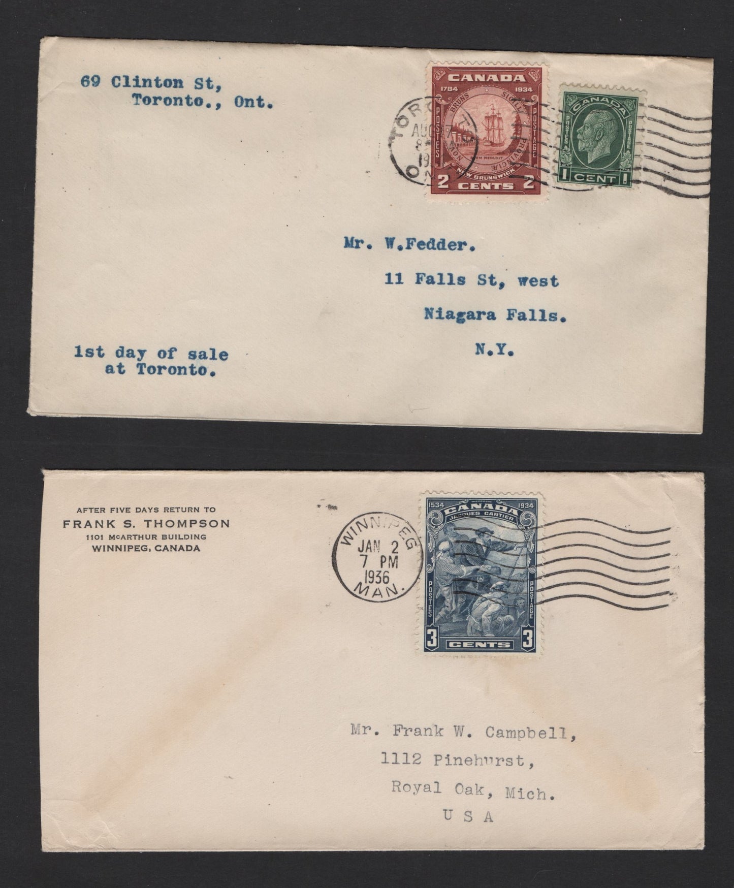 Lot 238 Canada (C) #195, 208, 210 1c - 2c Dark Green -Red Brown King George V - New Brunswick Seal, 1932-1934 Medallion - New Brunswick Issues, 2 Fine Used Covers, Sent Locally From Winnipeg To US & Toronto to US