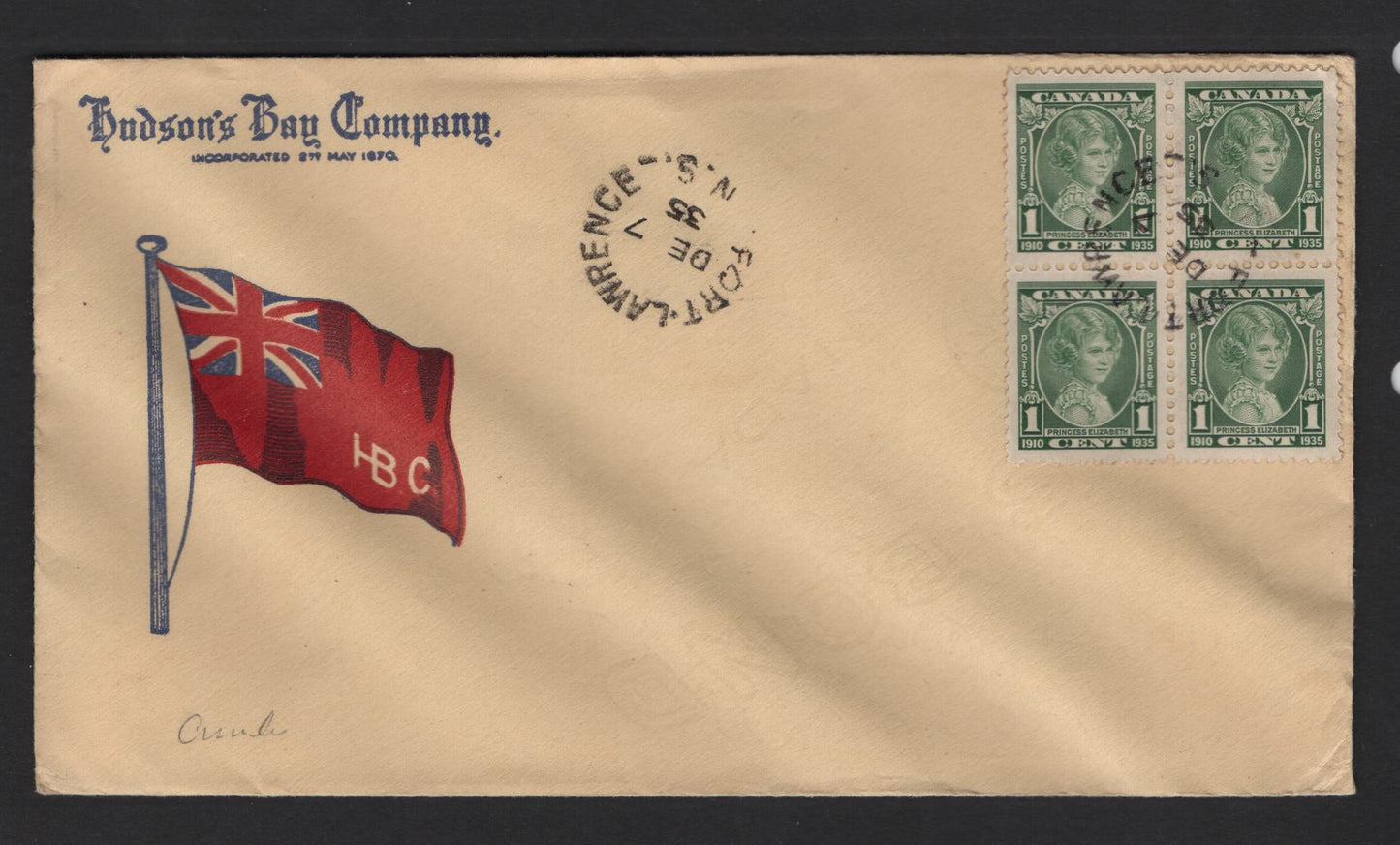 Lot 241 Canada (C) #211 1c Lighter Brighter Green Princess Elizabeth, 1935 KGV Silver Jubilee Issue, A Very Fine Used Cover, Unaddressed Hudson's Bay Envelope With Blue & Red Flag Cachet