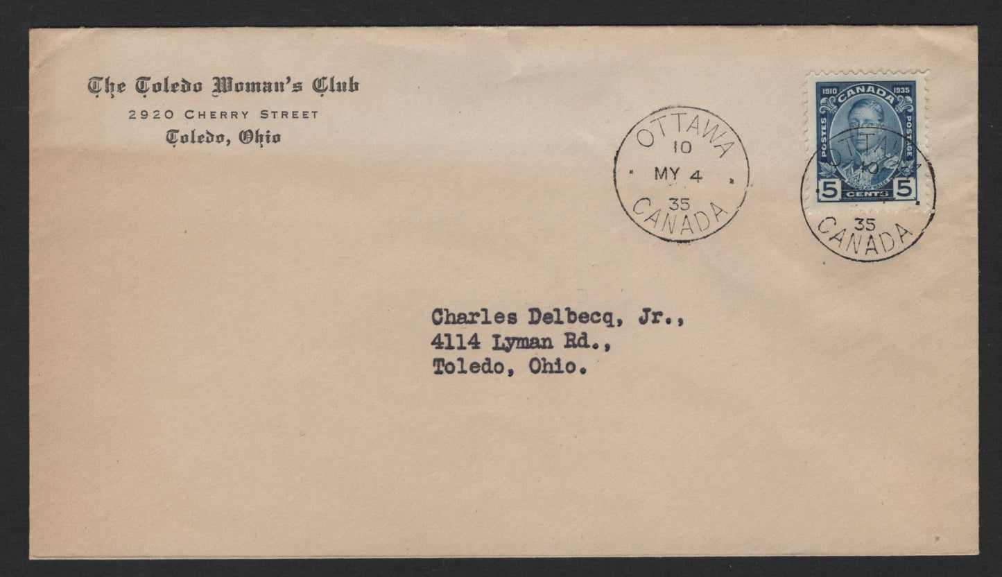 Lot 242 Canada (C) #214 5c Blue Prince of Wales, 1935 KGV Silver Jubilee Issue, A Fine Used Cover, Franked With A Very Well Centered Single