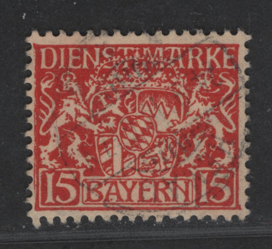Bavaria SC#O12 (Mi #27x) 15pf Deep Scarlet Red Coat Of Arms, 1916-1920 Official Issue, A Fine Used Single On Paper Type X, As Described In Michel, Questionable Cancel