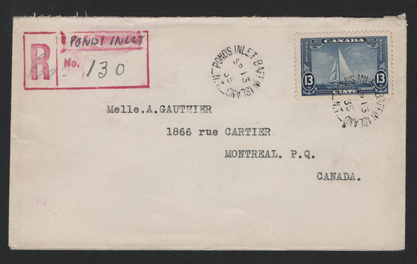 Lot 245 Canada (C) #216 13c Dark Blue Royal Yacht Britannia Issue, 1935 KGV Silver Jubilee Issue, A Very Fine Used Cover, Domestic Registered Cover From Baffin Island to Montreal, Sept 30th Montral Arrival Backstamp