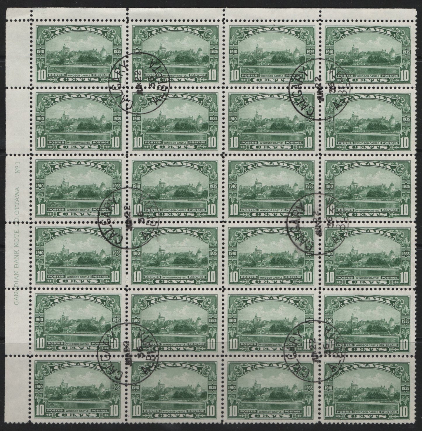 Lot 246 Canada #215 10c Green Windsor Castle, 1935 KGV Silver Jubilee Issue, A Very Fine Used Upper Left Block Of 24, Plate 1, Paper CBN-NNN, Perf 11.9x11.8, Cancelled With 6 Crisp Strikes Of August 22 1936 Calgary AB CDS Cancel.