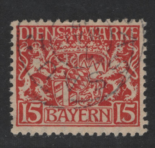 Bavaria SC#O11 (Mi # 27w) 15pf Dark Scarlet Red Coat Of Arms, 1916-1920 Official Issue, A Fine Used Single On Paper Type W, As Described In Michel, May 1917 Cancel Appears Legitimate, Papers X & Y Appeared January 1918, Small Perf Crease