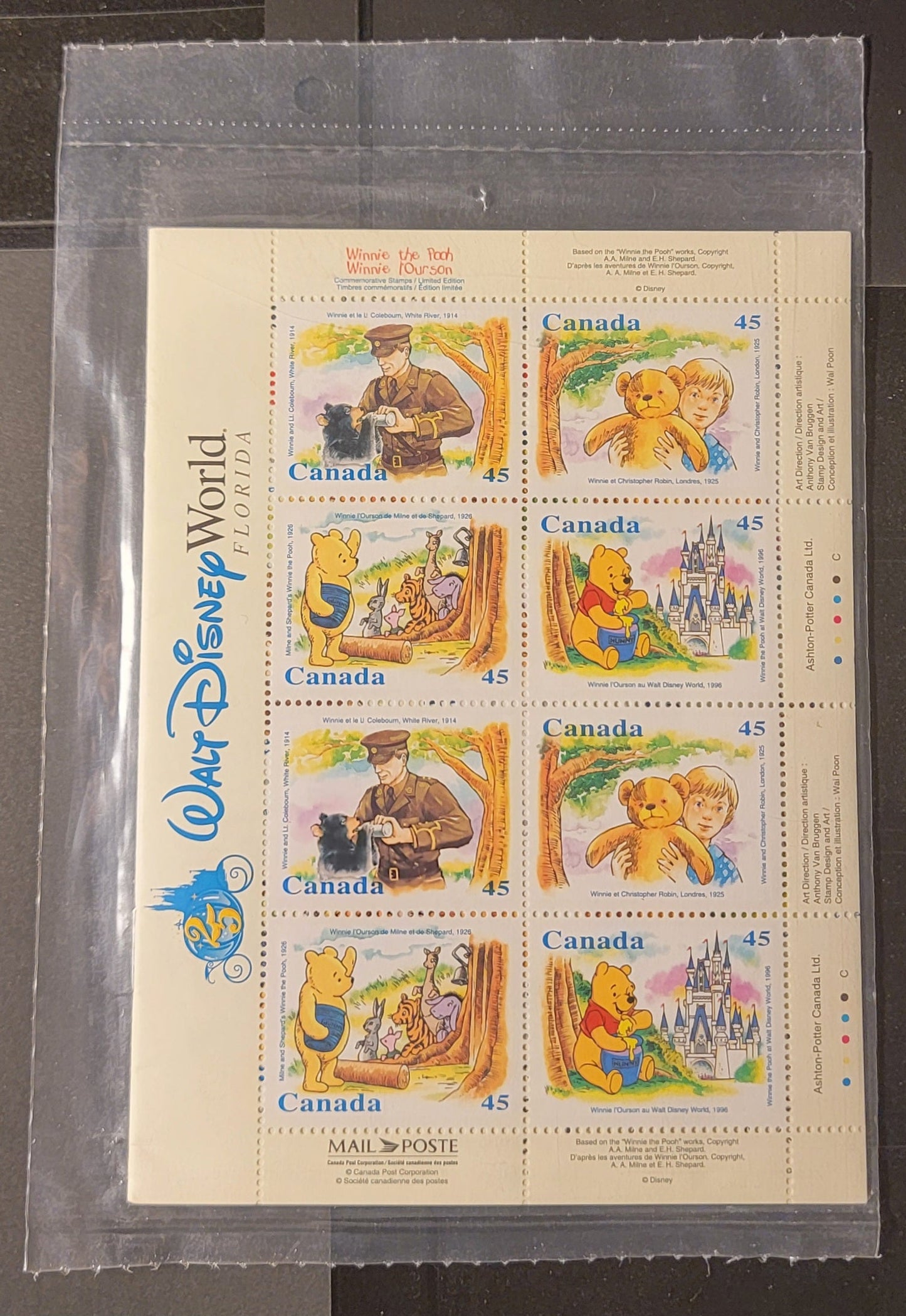 Canada  #BK194 45c Multicoloured Winnie With Lt. Coleburn - Winnie At Dysney World, 1996 Winnie The Pooh Issue, A VFNH Complete Booklet Of 16 In Sealed Pack Pane Is Outer Cover Of The Booklet