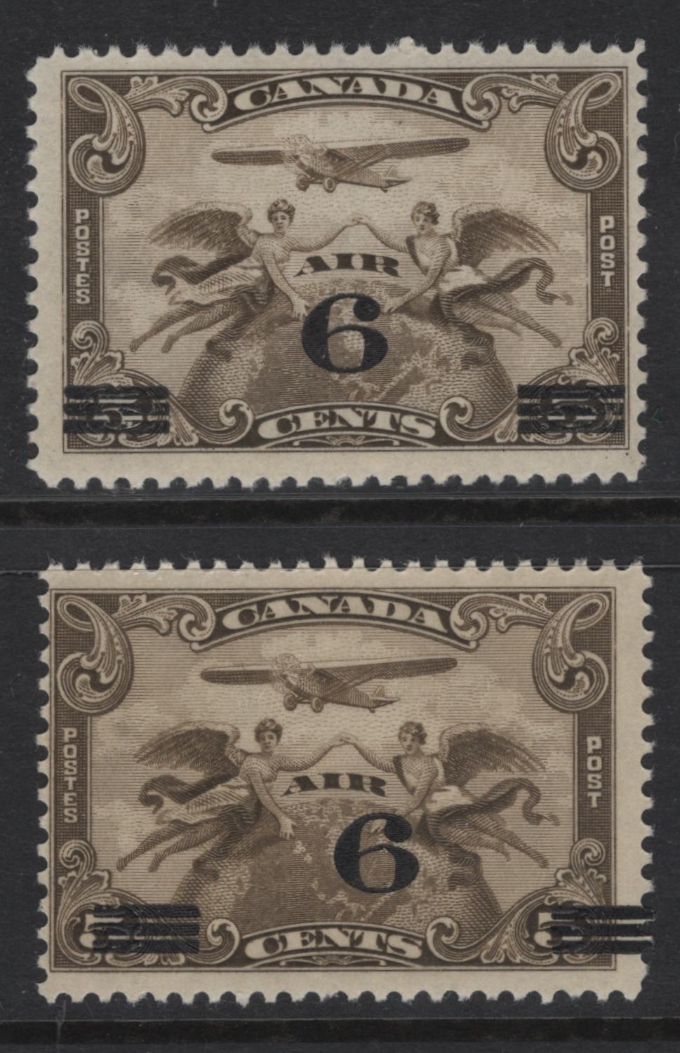 Lot 247 Canada #C3var 6c on 5c Yellowish Olive Brown & Olive Brown Winged Figures & Globe, 1932 Airmail Issue, 2 FNH Singles, Showing Rightward Shift Of Overprint
