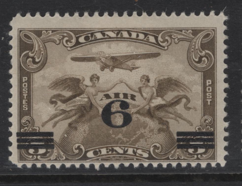Lot 248 Canada (C) #C3var 6c on 5c Light Olive Brown Winged Figures & Globe, 1932 Airmail Issue, A FOG Single, Paper ABN-IIII, Showing Significant Upward Shift Of Surcharge