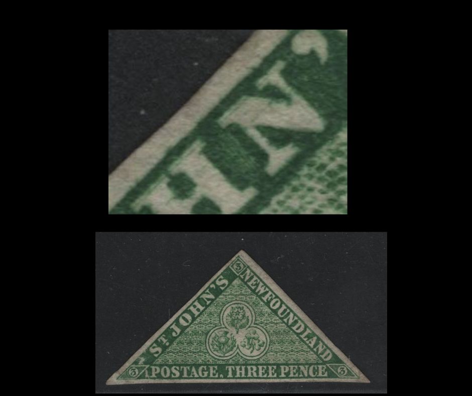 Lot 24 Newfoundland #3 3d Green Heraldic Flowers, 1857-1860 First Pence Issue, A Fine Unused Single Showing Minor Re-Entry In "HN" Of "St. John's, VF Appearance, But Small Vertical Creases In Each Lower Corner