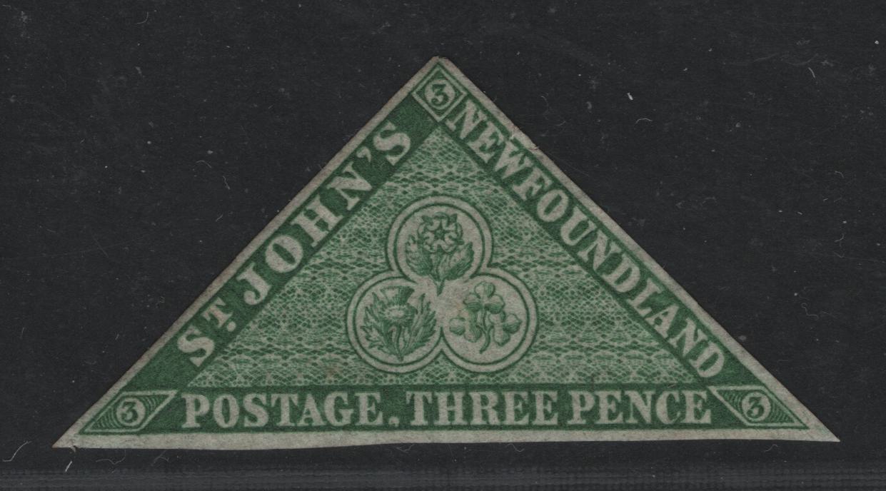 Lot 25 Newfoundland #11A 3d Green Heraldic Flowers, 1861-1862 Second Pence Issue, A VF Unused Single Hard Translucent Wove Paper