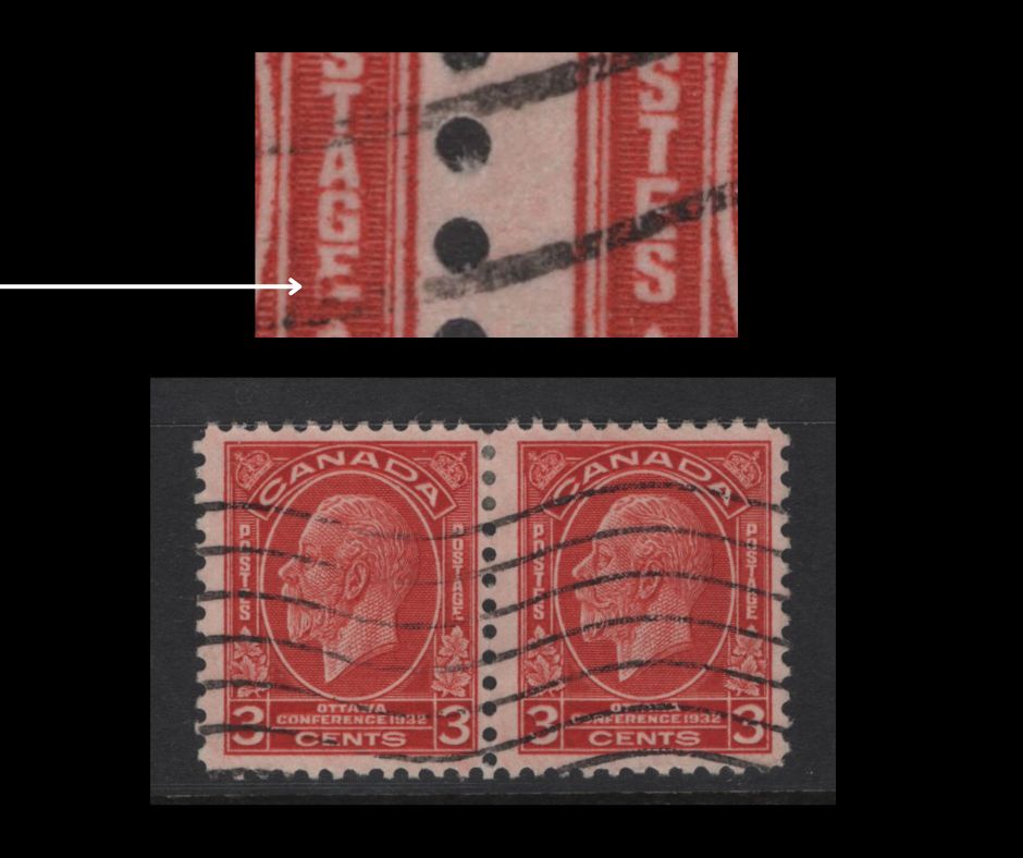 Lot 258 Canada #192, 192i 3c Bright Scarlet King George V, 1932 Imperial Economic Conference Issue, A Fine Used Pair, Paper BABN-O, Perf 11.1x10.8, 17.9x22mm Design Showing Broken E Variety From Pos. 87, Plate 2 LR Pane.