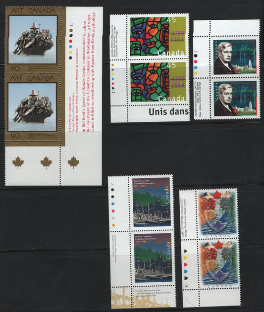 Canada  #1602-1603, 1613-1614, 1617 45c-90c Multicoloured The Spirit Of Haida Gwaii - Edouard Montpetit, 1996 Art Canada - Edouard Montpetit Issues, 5 VFNH Inscription Pairs Normal Tagging