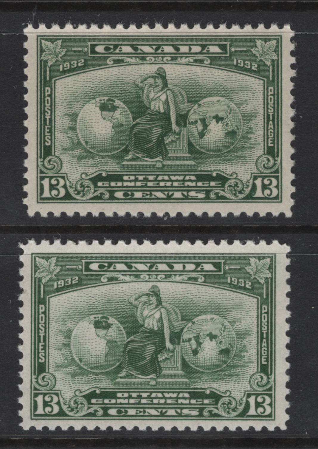 Lot 270 Canada (C) #194 13c Green - Deep Yellowish Green Britannia, 1932 Imperial Economic Conference Issue, 2 VFOG Singles, Paper BABN-X, Perf 10.9x10.8, 34.5x23.4mm Design Size.