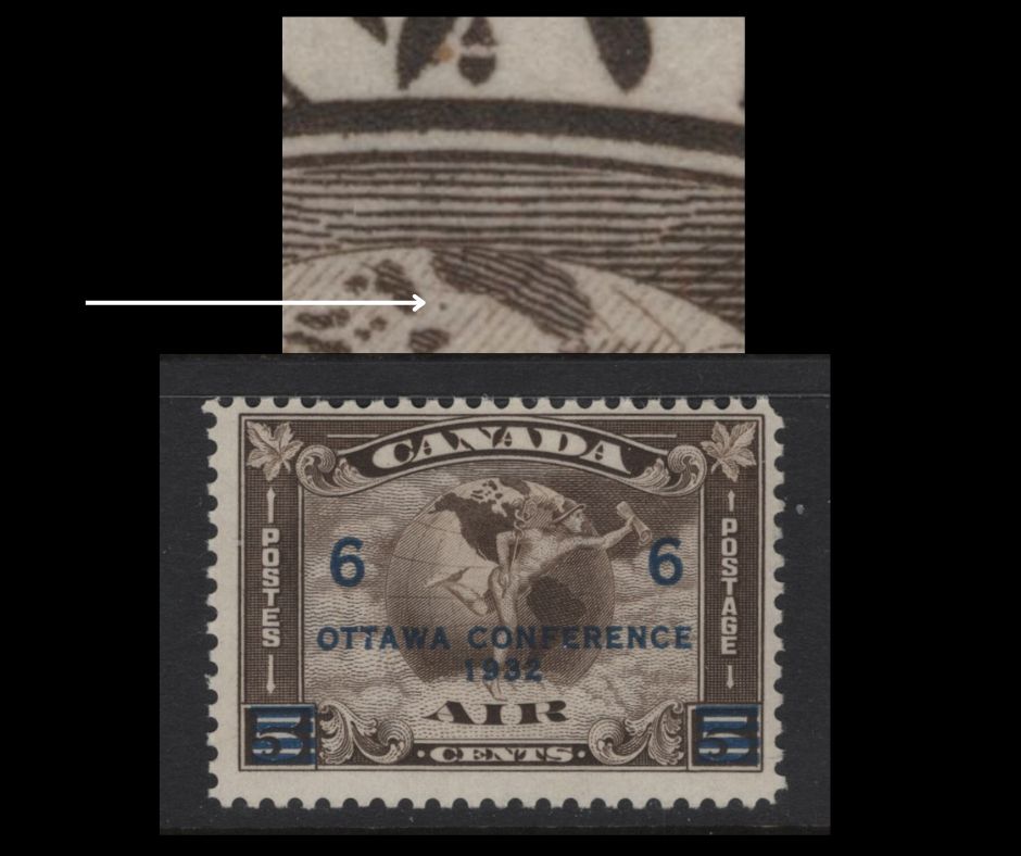 Lot 278 Canada #C4 6c on 5c Olive Brown Mercury With Scroll & Globe, 1932 Airmail Issue, A FNH Single, Paper BABN-EE, Showing Extra Island Between Greenland & Baffin Island