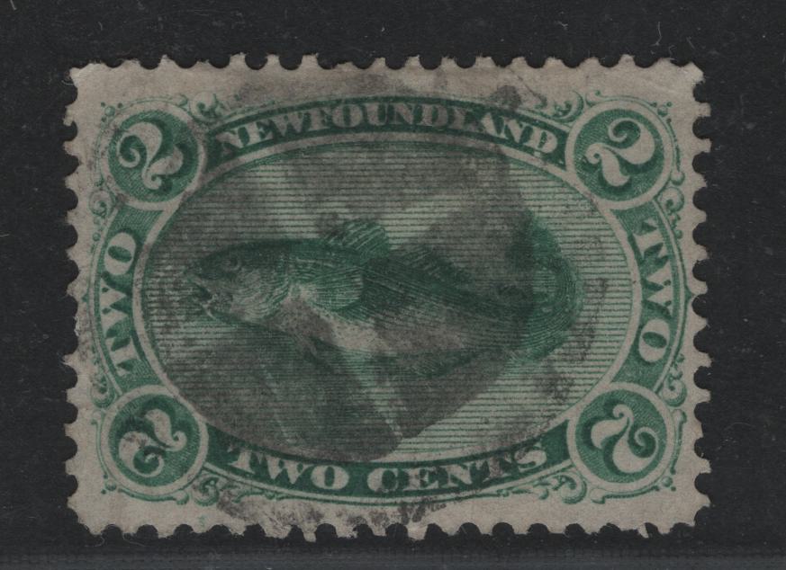 Lot 28 Newfoundland #24a 2c Green Codfish, 1865-1875 First Cents Issue, A Fine Used Single Thin Yellowish Paper, Nicely Centered, Small Internal Wrinkle