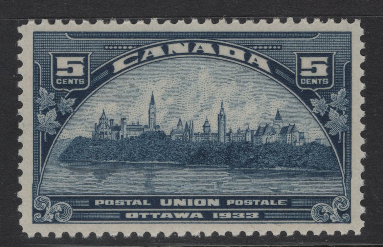 Lot 282 Canada #202var 5c Dull Blue Parliament Buildings, 1933 UPU Meeting Issue, A VFJOG Single, Paper BABN-X, Perf 10.85x10.8, Balanced Jumbo Margins.