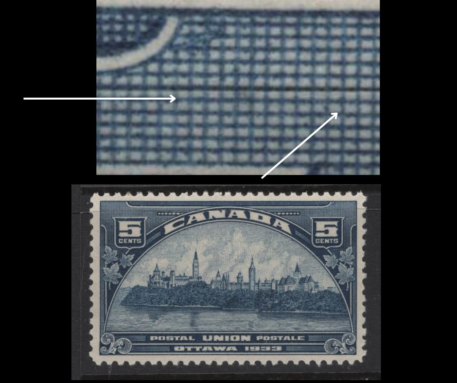 Lot 283 Canada (C)  #202 5c Dull Blue Parliament Buildings, 1933 UPU Meeting Issue, A VFNH Single, Paper BABN-D, Perf 10.9x10.8, Showing Doubling Of Cross Hatching Above Right 5.