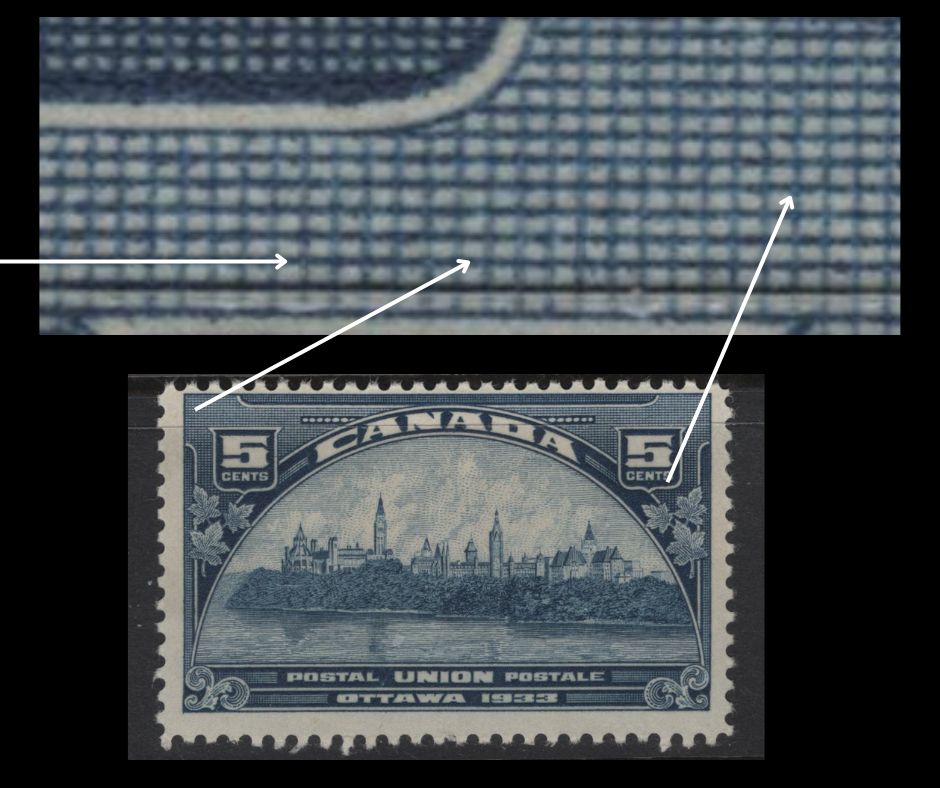 Lot 284 Canada (C)  #202var 5c Dull Prussian Blue Parliament Buildings, 1933 UPU Meeting Issue, A FNH Single, Paper BABN-D, Perf 10.85x10.8, Showing Partial Doubling Of Cross Hatching Above Right 5.