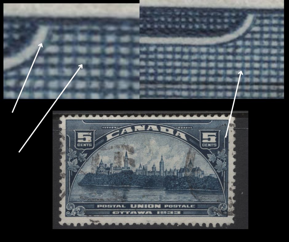 Lot 285 Canada (C)  #202var 5c Deep Blue Parliament Buildings, 1933 UPU Meeting Issue, A Fine Used Single, Paper BABN-EE, Perf 10.85x10.8, Showing Extensive Re-Entry In UR Spandrel.
