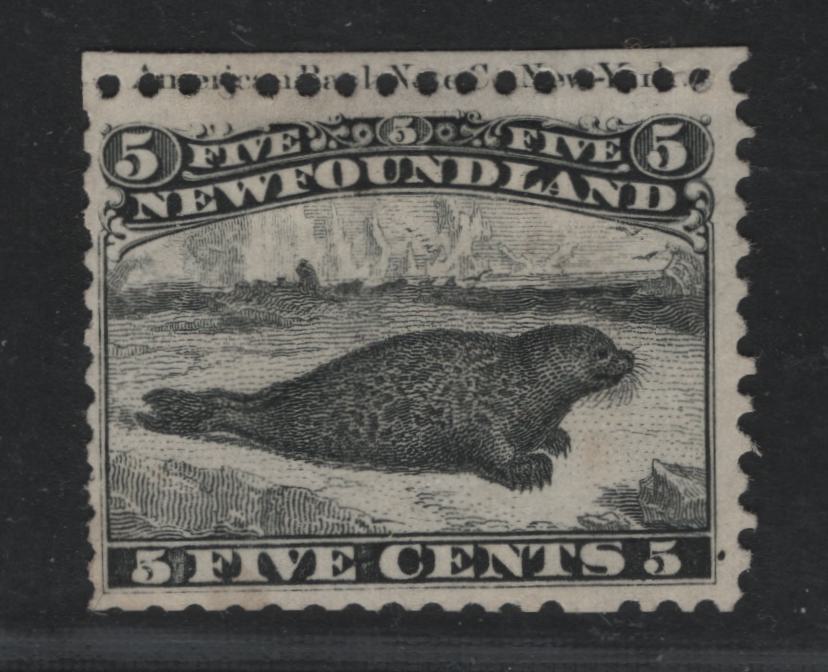 Lot 30 Newfoundland #26 5c Black Seal, 1865-1875 First Cents Issue, A Fine Unused Single Imprint Example, With Upper Perforations Bisecting The Imprint, Scissor Separated