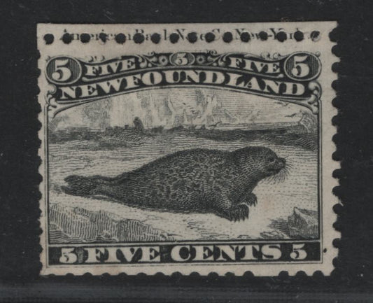 Lot 30 Newfoundland #26 5c Black Seal, 1865-1875 First Cents Issue, A Fine Unused Single Imprint Example, With Upper Perforations Bisecting The Imprint, Scissor Separated