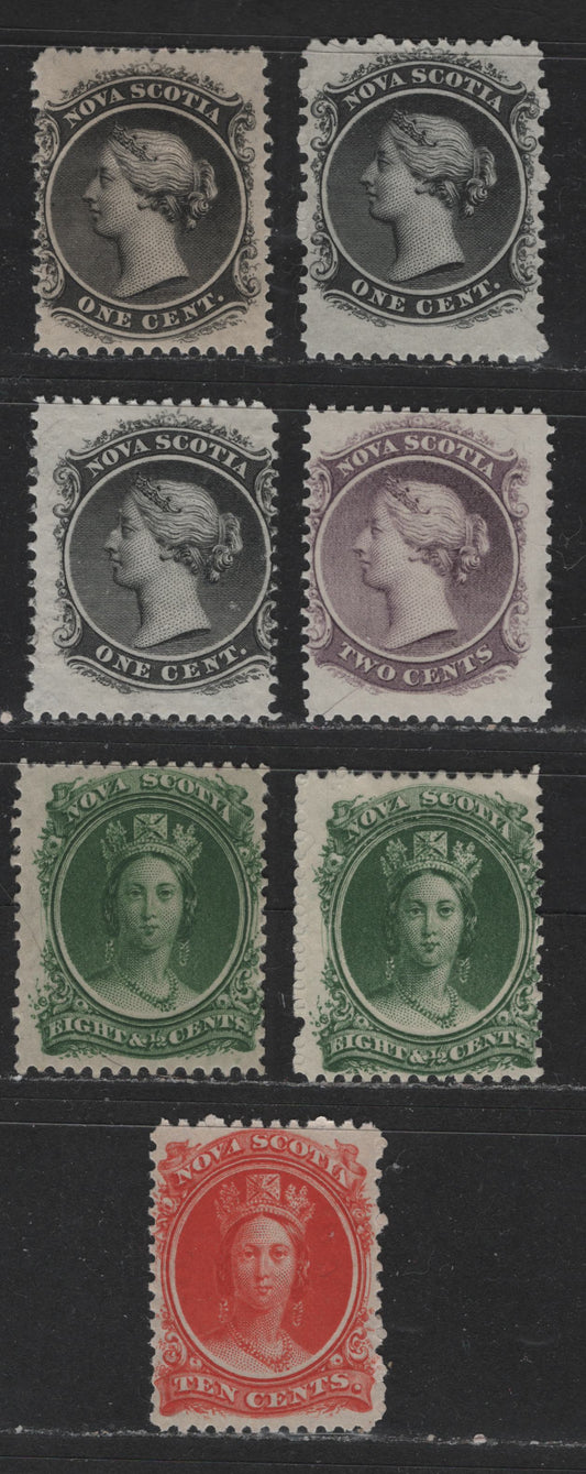 Lot 301 Nova Scotia #8, 8a, 9, 11a, 12 1c-10c Black - Vermilion Queen Victoria, 1860-1867 Cents Issue, 7 Fine OG & NH Singles On Yellowish & White Papers, 10c Is NH