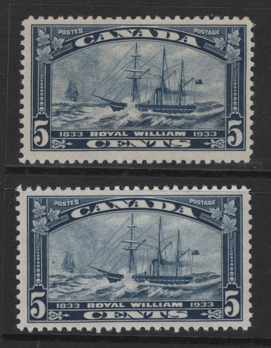 Lot 301 Canada (C)  #204 5c Dull Blue & Dull Prussian Blue Royal William, 1933 Royal William Issue, 2 VFOG Singles, Paper BABN-D