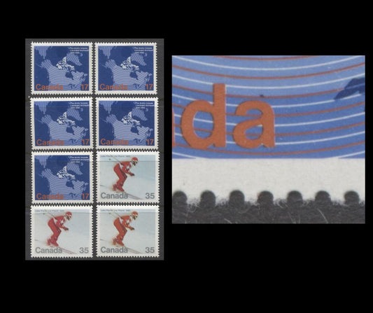 Canada #847, ii, iii, 848, i 17c & 35c Multicoloured Map of Canada & Downhill Skier, 1980 Arctic Islands & Lake Placcid Olympics Issues, 8 VFNH Singles,Various DF/DF, and LF/LF Papers, Including Border Patrol Variety From Position 5