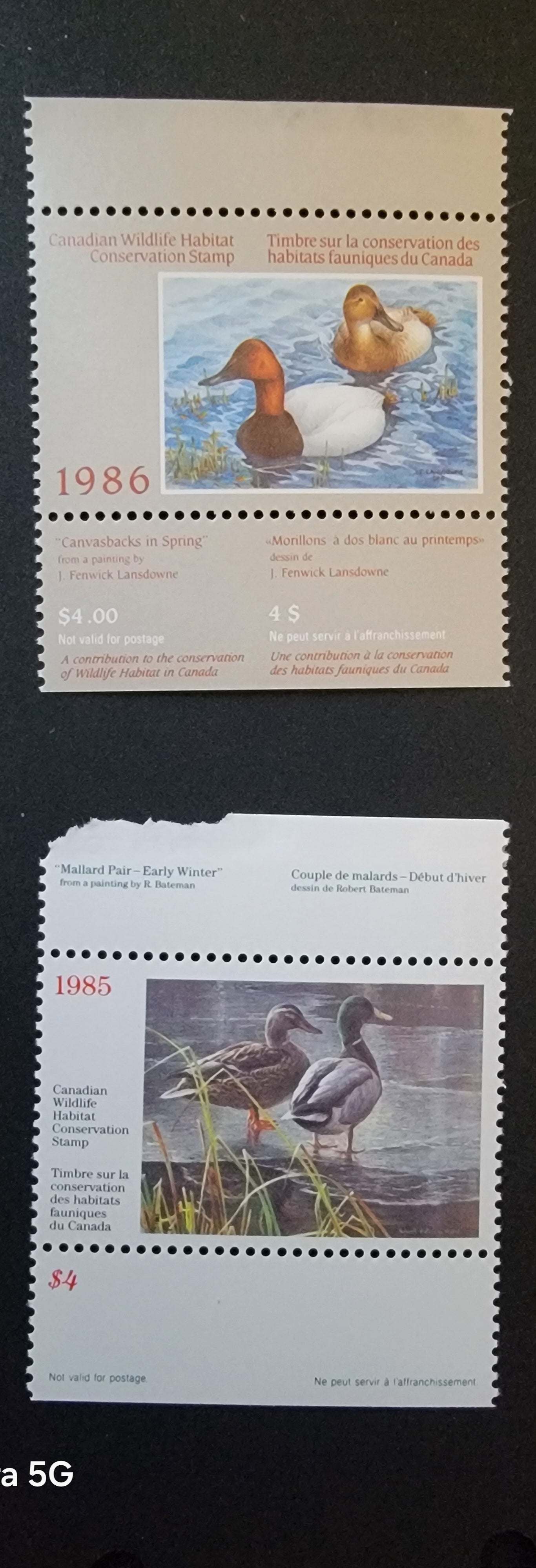 Lot 301 Canada  #FWH1-FWH2 4 Multicoloured Mallards & Canvasbacks, 1985-1986 Federal Wildlife Habitate Conservation Issue, 2 VFNH Booklet Singles 1985 Is On LF Paper, While 1986 Is On DF Paper