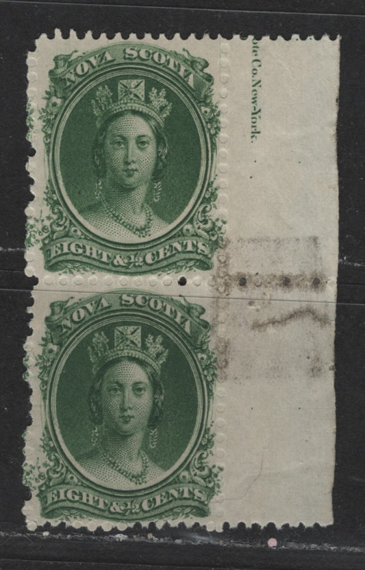 Lot 302 Nova Scotia #11a 8.5c Dark Green Queen Victoria, 1860-1867 Cents Issue, A VFOG Partial Imprint Pair On White Paper