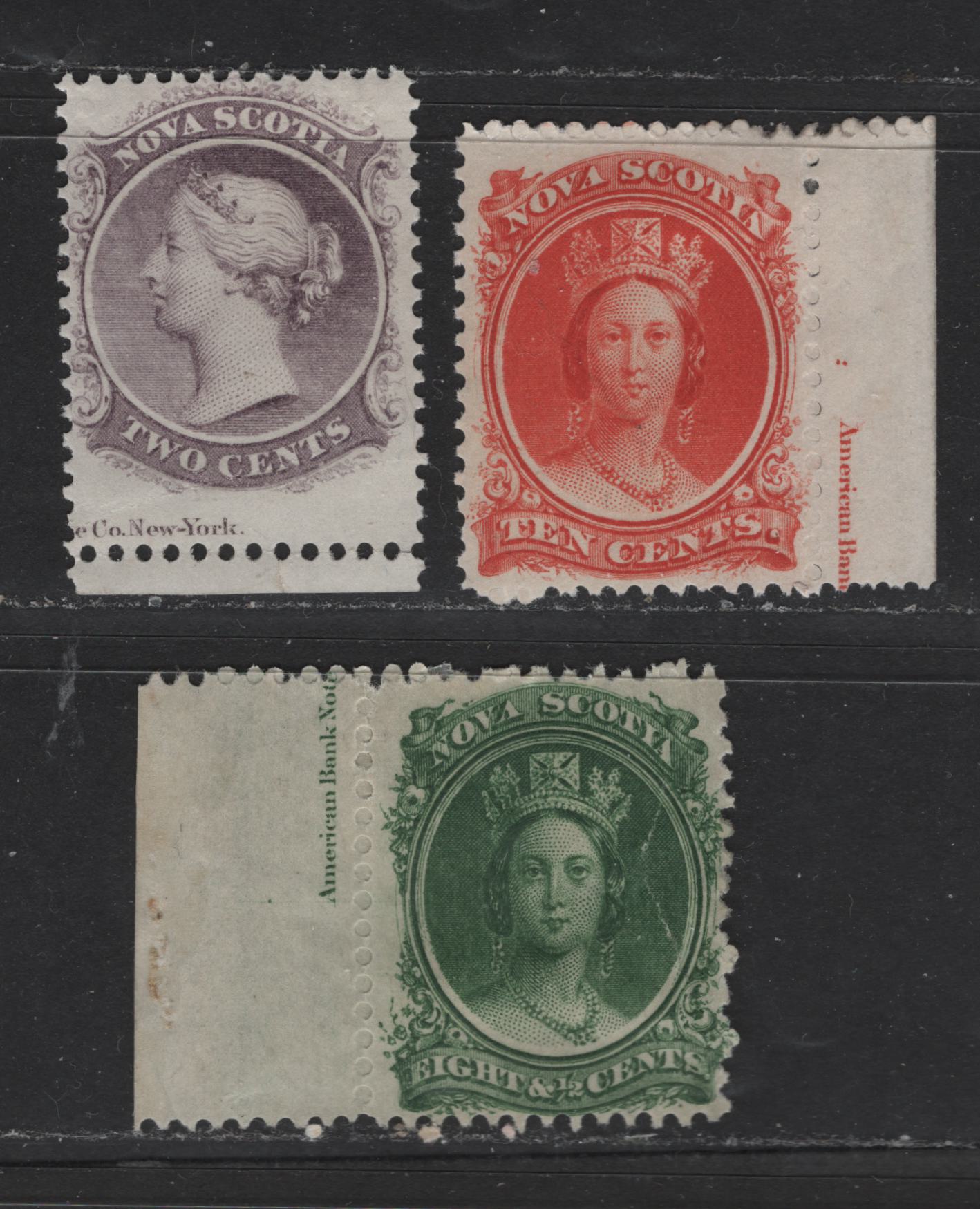 Lot 302 Nova Scotia #9, 11, 12 2c, 10c, 8.5c Lilac, Dark Green, Vermilion Queen Victoria, 1860-1867 Cents Issue, 3 Fine & Good OG Singles On Yellowish & White Paper, Perf. 11.75 x 12, 12