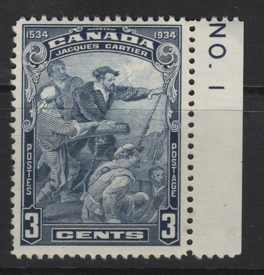 Lot 302 Canada #208 3c Dull Blue Jacques Cartier, 1934 Jacques Cartier Issue, A VFNH Single, Partial Plate 1 Inscription, Paper BABN-HH, Perf 10.8.