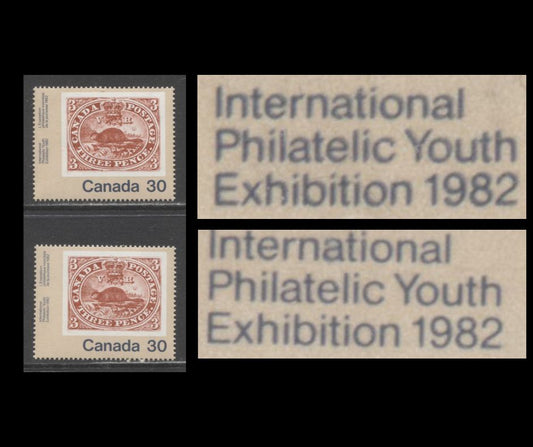 Canada #909var 30c Multicoloured Threepenny Beaver , 1982 Canada '82 Issue, 2 VFNH Singles , With Slip Print Minor Doubling of Grey Blue Inscription, DF1/DF2-fl Paper, With Normal to Compare