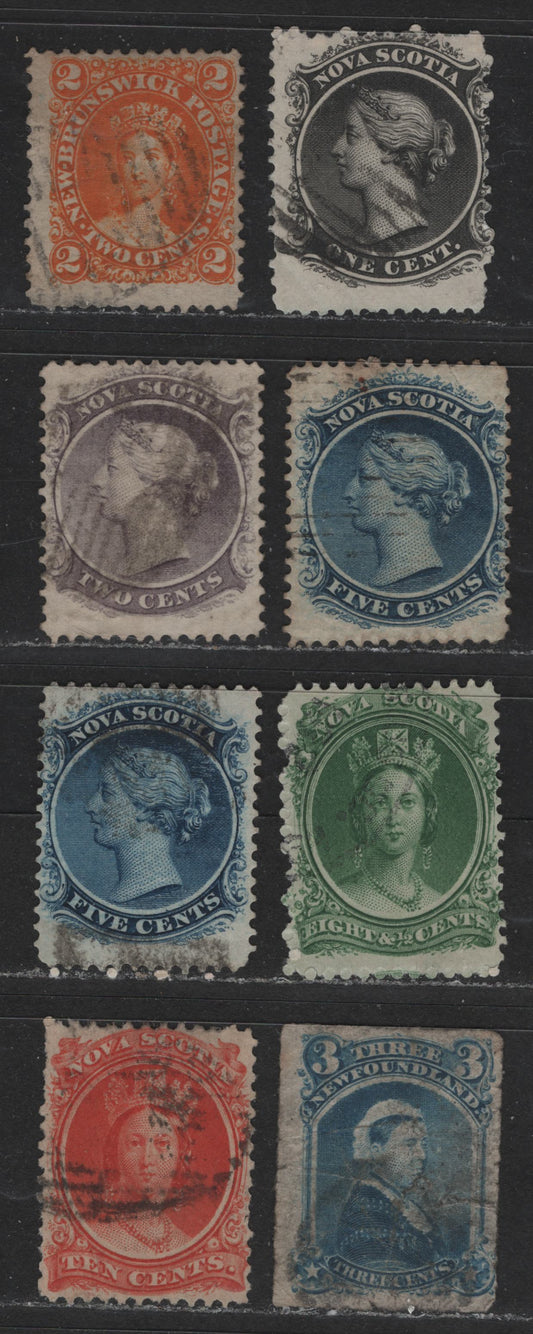 Lot 303 Nova Scotia & Newfoundland #7, 8a, 9-10, 11a, 12, 39 1c-10c Black - Vermilion Queen Victoria, 1860-1876 Cents & Rouletted Cents Issues, 8 Good-Fine Used Singles On White Paper